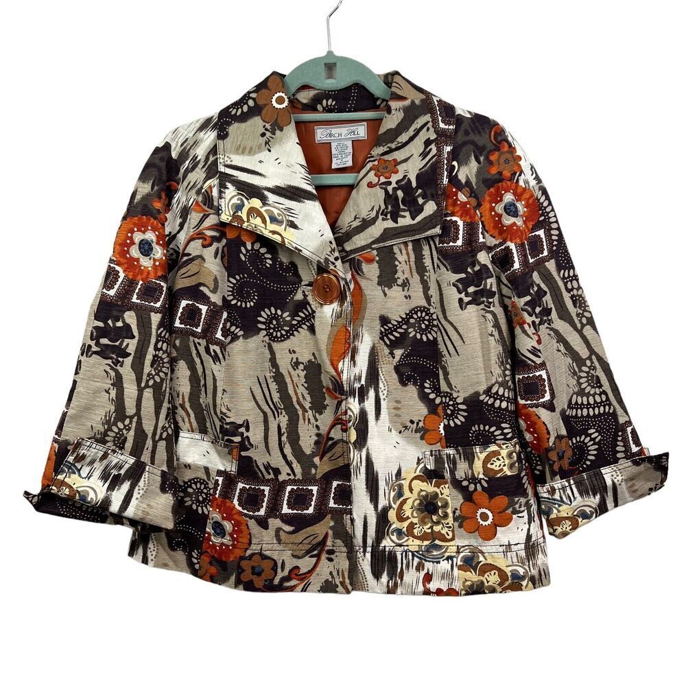 Birch Hill Womens Silk Blend Blazer Floral Brown Orange Lined 3/4 Sleeve Size S*